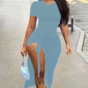 2024 da <span class=keywords><strong>donna</strong></span> Sexy e Slim girocollo tinta unita disegna a fessura pieghettata <span class=keywords><strong>abiti</strong></span> irregolari a maniche corte da <span class=keywords><strong>donna</strong></span> <span class=keywords><strong>eleganti</strong></span> da <span class=keywords><strong>donna</strong></span> - Product Image 3