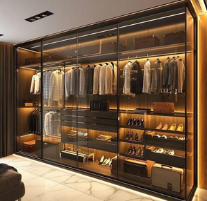 Armoires <span class=keywords><strong>de</strong></span> rangement modernes en bois avec portes en verre et lumières intégrées Rangement des vêtements pour le salon <span class=keywords><strong>de</strong></span> l'atelier - Product Image 3