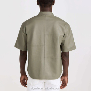 Modern Custom logo Short Sleeve Drop Shoulder Chest Pockets Hip Hop Men <strong>Cowboys</strong> Plus Size Shirts Zip up Plain Faux Leather Shirt - Product Image 4