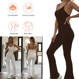 Logo personnalisé côtelé sans couture sexy Sling Top Clubwear Bodys de gymnastique pour femmes, Barboteuse de yoga et de danse avec leggings évasés pour femmes