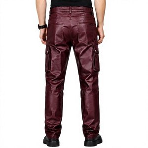 Pantalones Casuales de Cuero Genuino para Hombre, Color Borgoña, Corte Ajustado, Múltiples Bolsillos, Estilo Motociclista, Punk, Hip Hop, Tácticos - Product Image 3