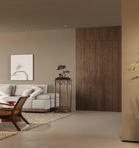 Îlot de cuisine moderne en bois à lattes rainurées, armoires de finition, construction en panneaux de mélamine, finition laquée, crédence, appartement - Product Image 3