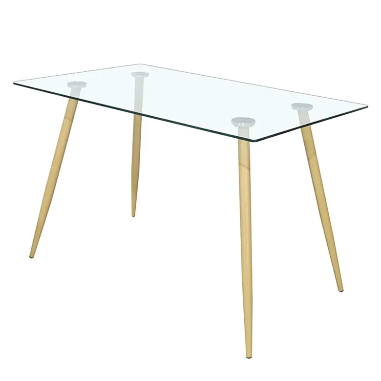 ग्लास खाने के कमरे की मेज आधुनिक लकड़ी अनाज धातु पैर आयताकार वर्ग स्पष्ट टेम्पर्ड ग्लास शीर्ष खाने की मेज