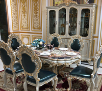 Ensemble de salle à manger de luxe classique royal français 6 places, table ovale or champagne, bois de teck/chêne, placage de luxe, chaises en cuir