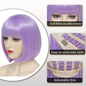 Parrucca da 12 pollici corta dritta <span class=keywords><strong>viola</strong></span> per <span class=keywords><strong>capelli</strong></span> sintetici con frangetta resistente al calore per parrucche per costumi da donna - Product Image 3