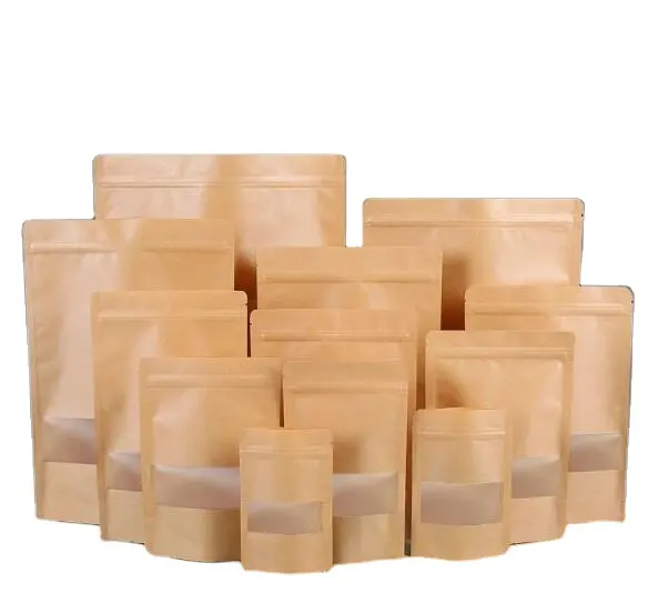 Ventana transparente mate para manualidades, cierre de cremallera de fondo plano, bolsas de pie/embalaje de alimentos de café/bolsas de embalaje de papel Kraft