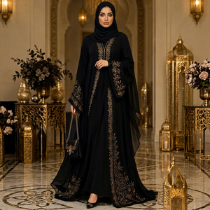 Abaya noire brodée en polyester, longue et fluide, à manches longues, style Sheikh, élégante, pour femme musulmane, style indien et pakistanais - Product Image 1