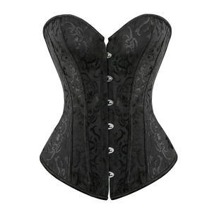 Haut <span class=keywords><strong>Bustier</strong></span> <span class=keywords><strong>Corset</strong></span> à Lacets Overbust Baleiné en Acier Noir Blanc Jacquard Floral - Product Image 1