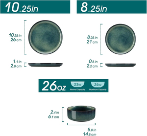 18-Piece Solid Pattern <strong>Dinnerware</strong> <strong>Set</strong> <strong>6</strong> Green Reactive Glaze Ceramic Round Plates Bowls Dishwasher Microwave Safe All Occasions - Product Image 2