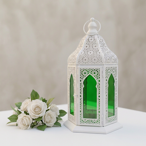 Lanterne à bougie moderne en métal blanc populaire auprès des fabricants, avec verre vert, pour la décoration de la maison, le Ramadan et les mariages - Product Image 6