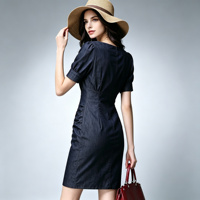 Robe fourreau en jean bleu marine pour femme, col rond, manches bouffantes, taille froncée, coupe ajustée, robe midi décontractée, tenue de travail élégante