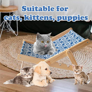 <b>Adjustable</b> Cat Lounger Solid Wood Rectangle Pet <b>Bed</b> With Blue Patterned Cushion For Indoor Cats - Product Image 3