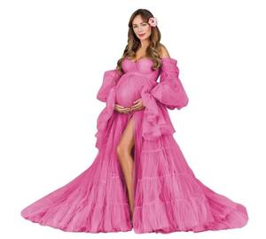 2025 nouveau sans bretelles doux filet grand ventre boule Robe doux Tulle Robe pour séance Photo à manches longues à volants Robe de douche de bébé - Product Image 4