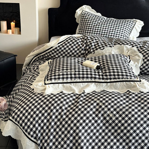 Parure de lit 4 pièces en coton pur à carreaux noirs et blancs, housse de couette brossée, drap et taies d'oreiller, usage domestique, respirante, qualité supérieure - Product Image 2