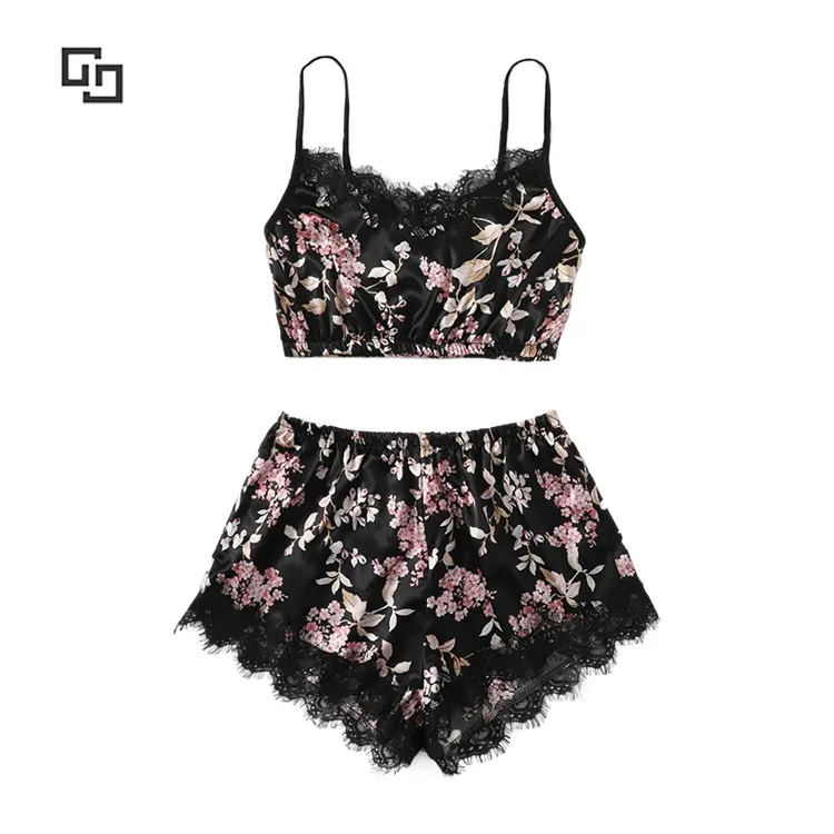 Для девочек Женская одежда для сна пижамы Летний цветочный кружевной отделкой Атласный топ на бретельках и шорты Модные Шелковый ночной комплект с платьем