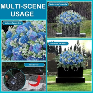 <span class=keywords><strong>Flores</strong></span> de Plástico Duradero para Marcador de Tumba, Rosa Azul, Decoración para <span class=keywords><strong>Cementerio</strong></span> <span class=keywords><strong>con</strong></span> Hojas de Helecho y Detalles Blancos, Regalo Conmemorativo para el Recuerdo de un Ser Querido - Product Image 4