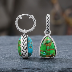 Vintage Wedding 925 <b>Sterling</b> <b>Silver</b> Green Copper Turquoise <b>Hoop</b> Drop Earrings Charm Interlocking Multi Stone Huggie Wholesale - Product Image 2