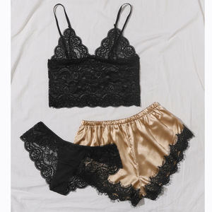Conjunto de dos piezas de ropa de estar por casa de imitación de seda negra, estilo europeo y americano, a la moda y cómodo, al por mayor. - Product Image 3