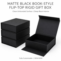 Boîte cadeau rigide à rabat style livre, noir mat minimaliste, surface unie, intérieur noir profond, logo personnalisé, taille sur mesure, vente en gros