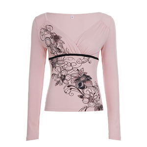 Camiseta de Manga Larga Informal para Mujer con Logotipo Personalizado, Estilo Y2K, Color Rosa, Estampado Retro, Tejido Transpirable, Ecológico, Corte Ajustado, Cuello en V - Product Image 6