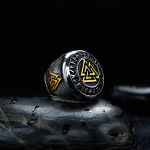 Vente en gros de bijoux en acier inoxydable rétro punk nordique Viking <span class=keywords><strong>Runes</strong></span> trois triangles imbriqués Valknut chevalière hommes - Product Image 4