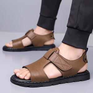 Men's Summer Flat Sandals Genuine Leather Open Toe <b>Hook</b> Loop Casual Anti Slip Beach <b>Shoes</b> Rubber Outsole - Product Image 4