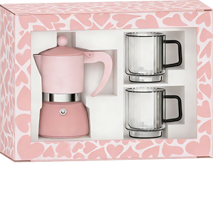 Ensemble de cafetière Moka rose Emode New Style pour la Saint-Valentin en aluminium avec deux tasses - Product Image 1