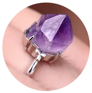 Raw Amethyst Engagement Ring for Women Men Girl Silver Druzy Quartz Crystal Irregular Genuine Stone Adjustable Ring