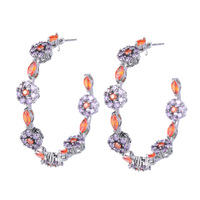 Anting Hoop Bulat Besar Motif Bunga Kuningan Berhiaskan Zirkon Ungu Merah Elegan Trendi untuk Wanita, Perhiasan Mewah Berlapis Hitam Berkualitas