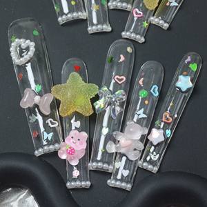 Uñas postizas de lujo con gotas de agua acrílicas rosas, cobertura completa, hechas a mano, con pedrería dibujada a mano, precio de fábrica. - Product Image 3