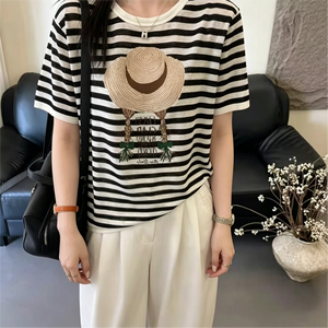 New <strong>Black</strong> <strong>and</strong> <strong>White</strong> <strong>Striped</strong> Knit T-Shirt for Women, Loose Slimming Breathable Versatile Short <strong>Sleeve</strong> <strong>Top</strong>, Casual Summer Tee - Product Image 2