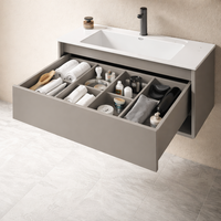 Meuble-lavabo mural flottant moderne sur mesure, tons neutres, avec miroir, étanche, rectangulaire