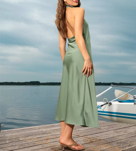 Vestido Midi Halter de Satén para Mujer 2026, Estilo Vintage Casual, Verde <span class=keywords><strong>Esmeralda</strong></span> Intenso, Espalda Descubierta, Elegante Vestido de Noche, OEM, Sexy - Product Image 1