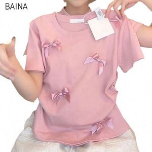 Nouveau T-shirt d'été à manches courtes pour étudiante, col rond, couleur unie, avec nœud mignon - Product Image 1