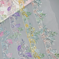 Ruban de dentelle en maille brodée de fleurs multicolores avec perles pour robe de mariée, abaya, robe, accessoires de couture DIY