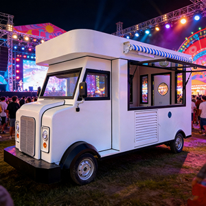 Camión de Comida Clásico Tipo Boxy con Ventana de Servicio Abierta para Venta de Aperitivos y Bebidas en Festivales de Música al Aire Libre - Product Image 1