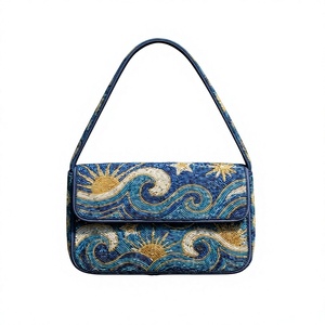 Sac bandoulière à rabat brodé motif tourbillon de nuit étoilée bleu jaune - Product Image 1