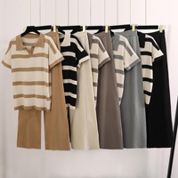 Été Nouveau Mode Décontractée Top Tricoté et Pantalon à Jambes Larges Ensemble 2 Pièces Respirant Motif Rayé Loose Fit Women Sweater Set