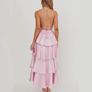 Vestidos de Moda con Escote Profundo en V, Multicapa, para Mujer, con Volantes de Satén, Espalda Descubierta, Color Rosa, Largos - Product Image 4