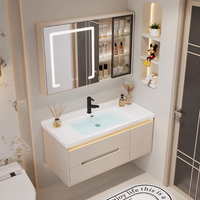 Combinaison de lavabo mural moderne de luxe en contreplaqué, vasque en céramique avec miroir à LED résistant à l'eau