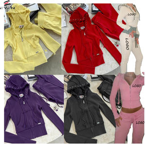 Setelan pakaian wanita mode baru desain kustom Logo bordir jaket ritsleting celana keringat kasual mode 2 potong setelan olahraga lembut wanita - Product Image 1