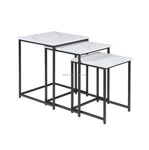 Tavoli laterali in finto <span class=keywords><strong>marmo</strong></span> Set di 3 tavoli da soggiorno scorrevoli con struttura in metallo quadrati divano tavolo in <span class=keywords><strong>marmo</strong></span> bianco - Product Image 1