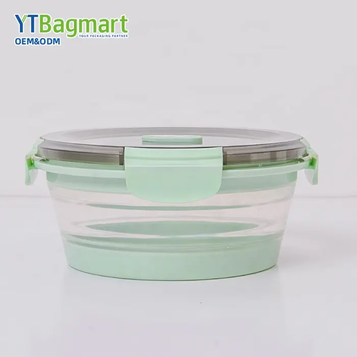 주방용 밀폐 플라스틱 뚜껑이있는 BPA 무료 남은 식사 상자이있는 접을 수있는 접이식 실리콘 식품 보관 용기