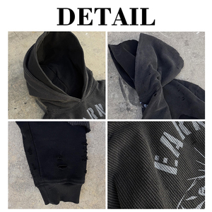 Custom Distressed 100% Cotton French Terry Vintage Solid Oversized Acid Wash Hoodie Double Layer Distressed Waffle Hoodies - Product Image 6