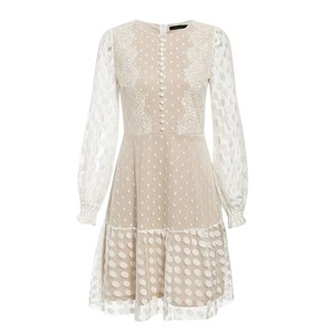 Vestido Largo Transparente con Estampado de Lunares Blancos, Detalle de Encaje, Cuello Redondo, Estilo Casual para Uso Diario - Product Image 5