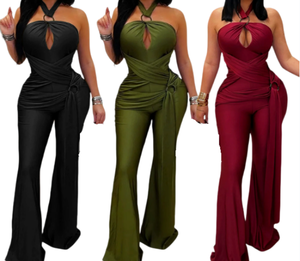 Viviblook Z310JP Mono de una pieza para mujer, elegante, de color liso, sin mangas, con cuello halter y pierna ancha, talla grande - Product Image 1