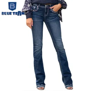 Blauw Team Custom Groothandel Borduurwerk Dames Jeans Flare Broek Dames Jeans Broek Stretch Nieuwste Dames Jeans Voor Dames