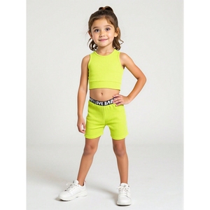 Sporty Activewear <strong>Neon</strong> Bright Colors Ribbed Fabric Cropped Tank Top Letter Print Elastic Waistband Girl Customize <strong>Kids</strong> <strong>Clothes</strong> - Product Image 1