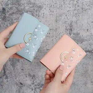 Folded PU Leather Flower Credential Cute Style In Manufacturers Trendy Pink Wallet Customized Stitch Printing Ladies Purse UY192