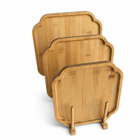 Ensemble de 3 plateaux carrés en bambou avec support en bambou, plateau de service carré à bords festonnés pour la décoration de table